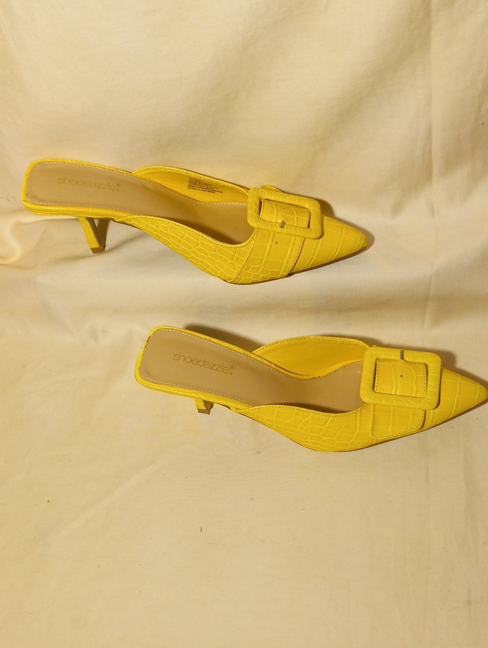 Shoe Dazzle Yellow Croc-Embossed Pointed Kitten Heel Mules with Buckle